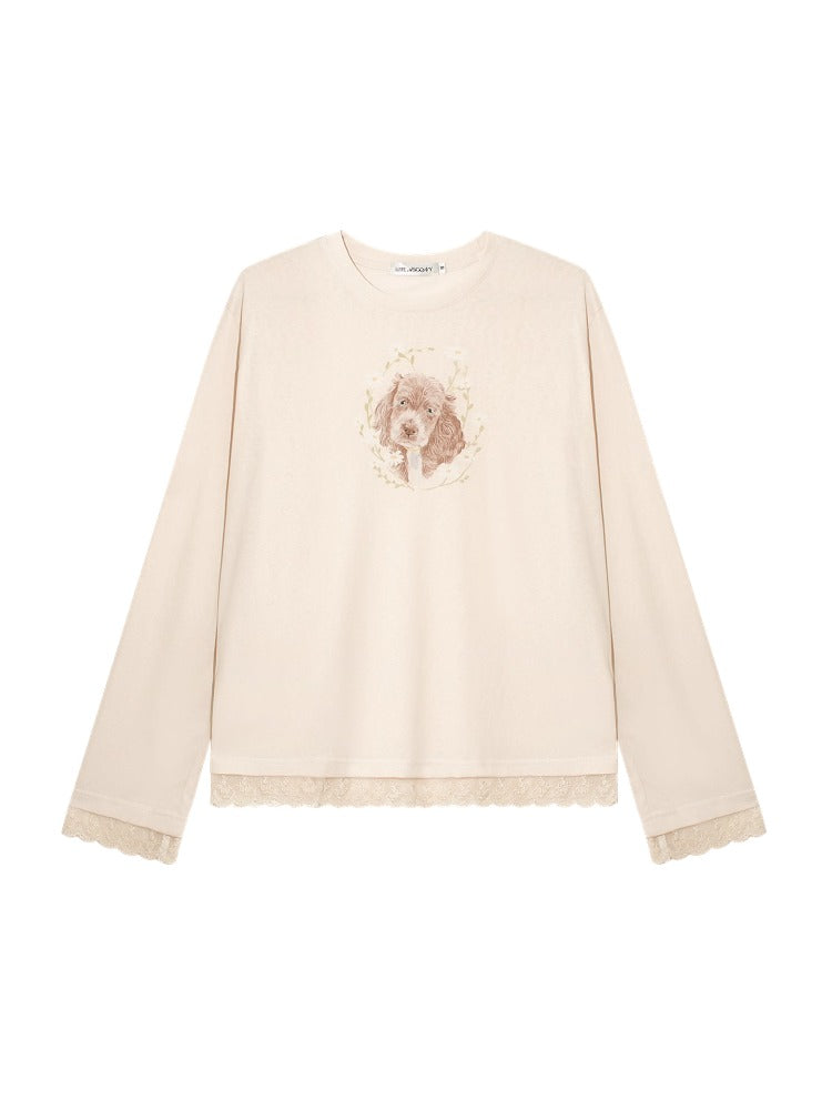 Lace Panel Animal Print Long-Sleeve Tee