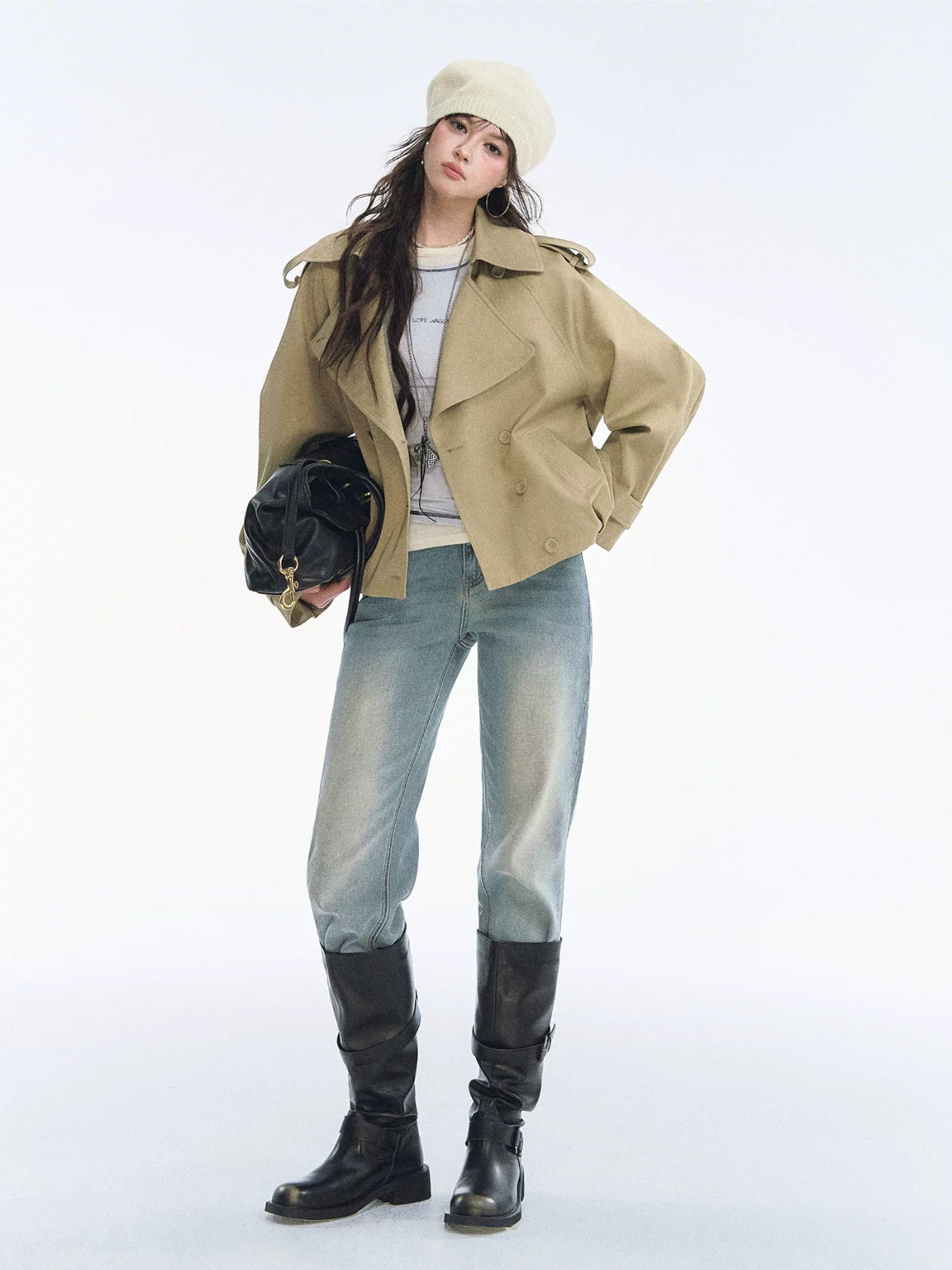 Vintage Solid Cropped Trench Coat
