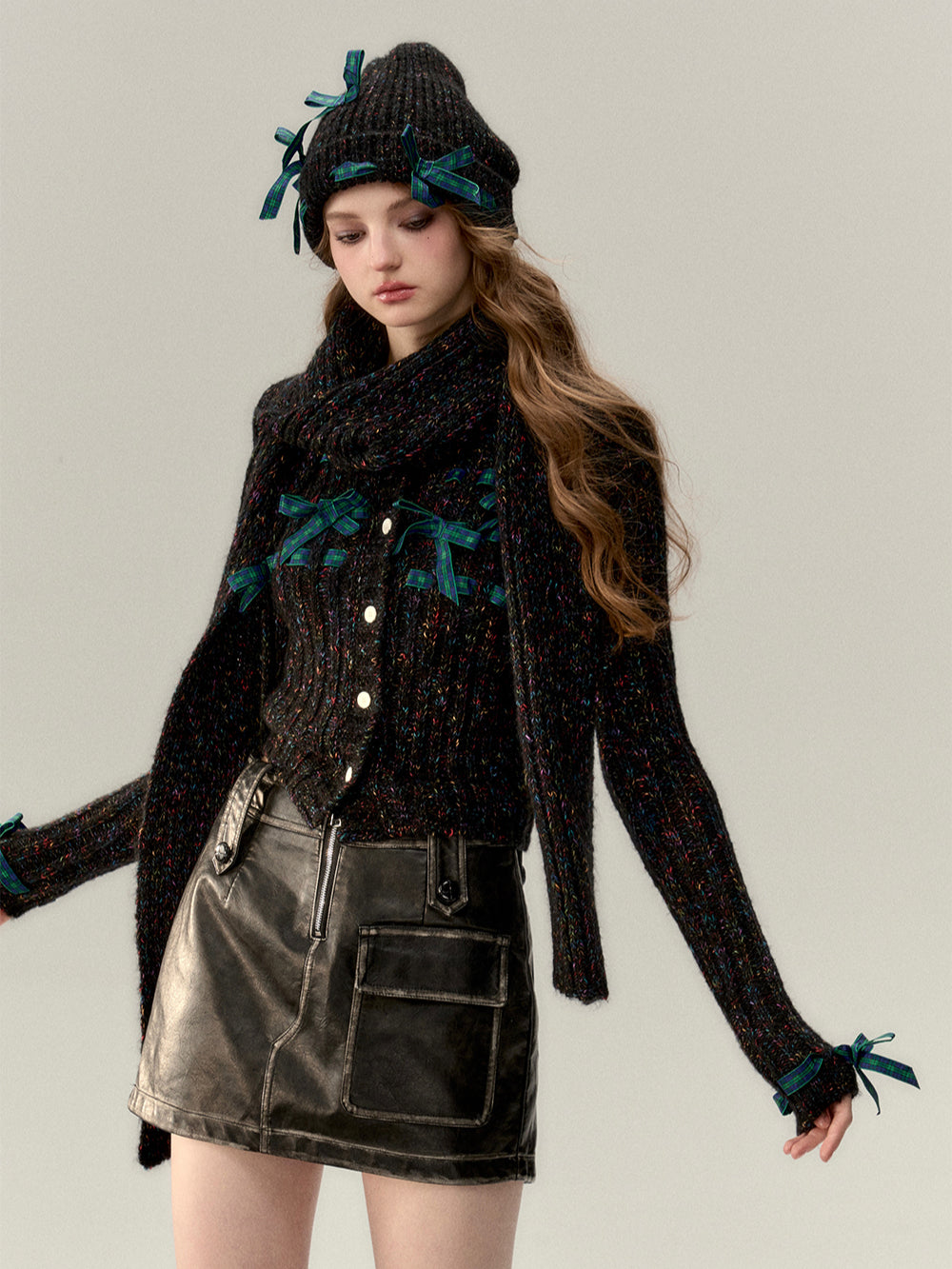 Bowknot Knit Cardigan & Hat & Scarf Set