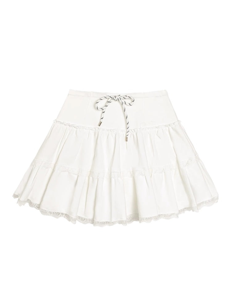 High-waisted Drawstring Lace-spliced Tiered Skirt