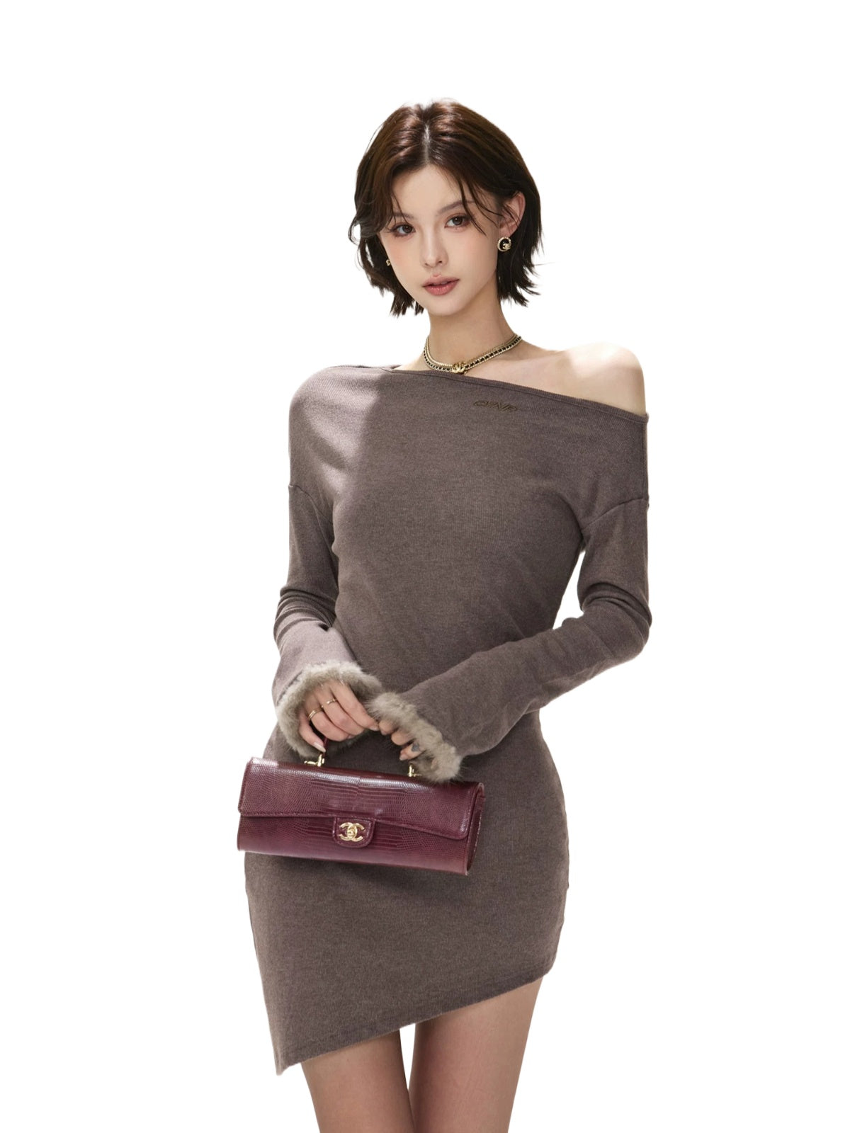 Fox Fur Cuff Asymmetric Knit Dress