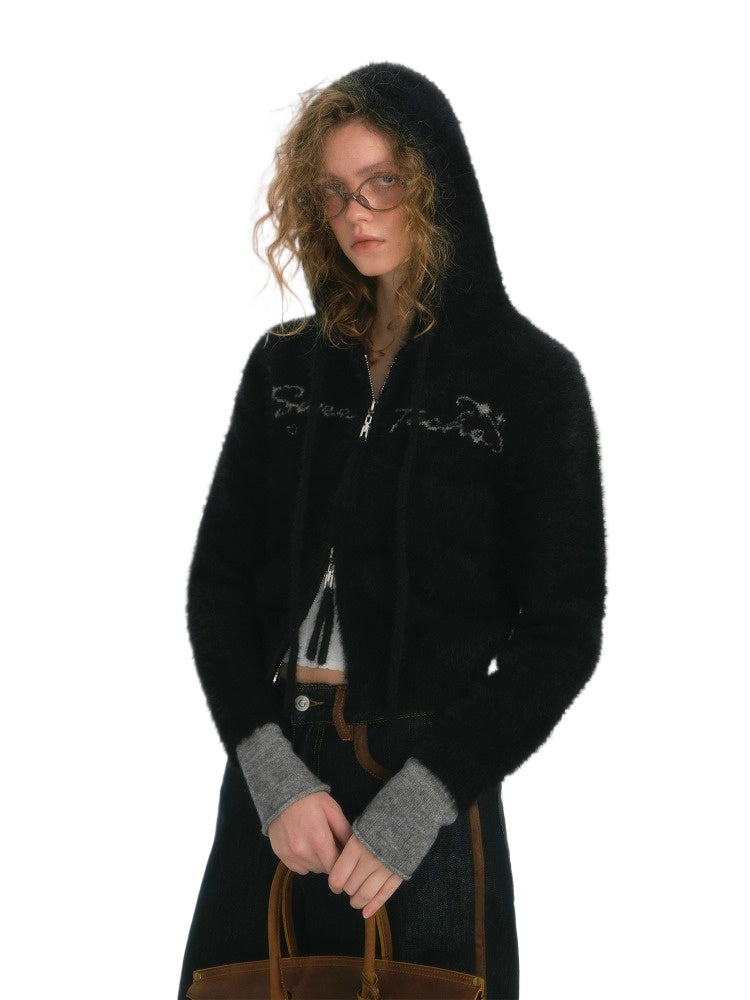 Colorblock Hooded Letter Knit Jacket