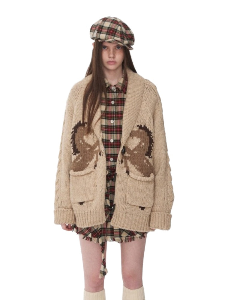 Pony Jacquard Horn-Button Chunky Cardigan