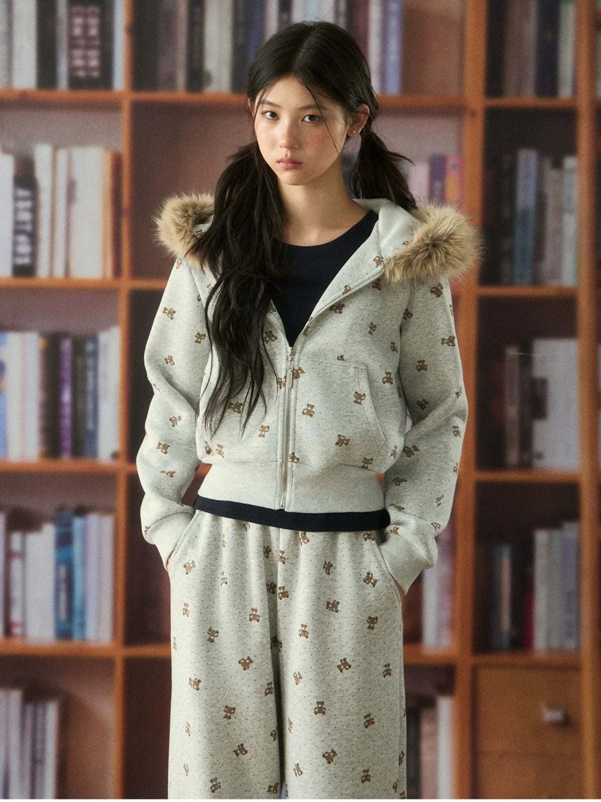 Bear Print Hooded Zip Jacket