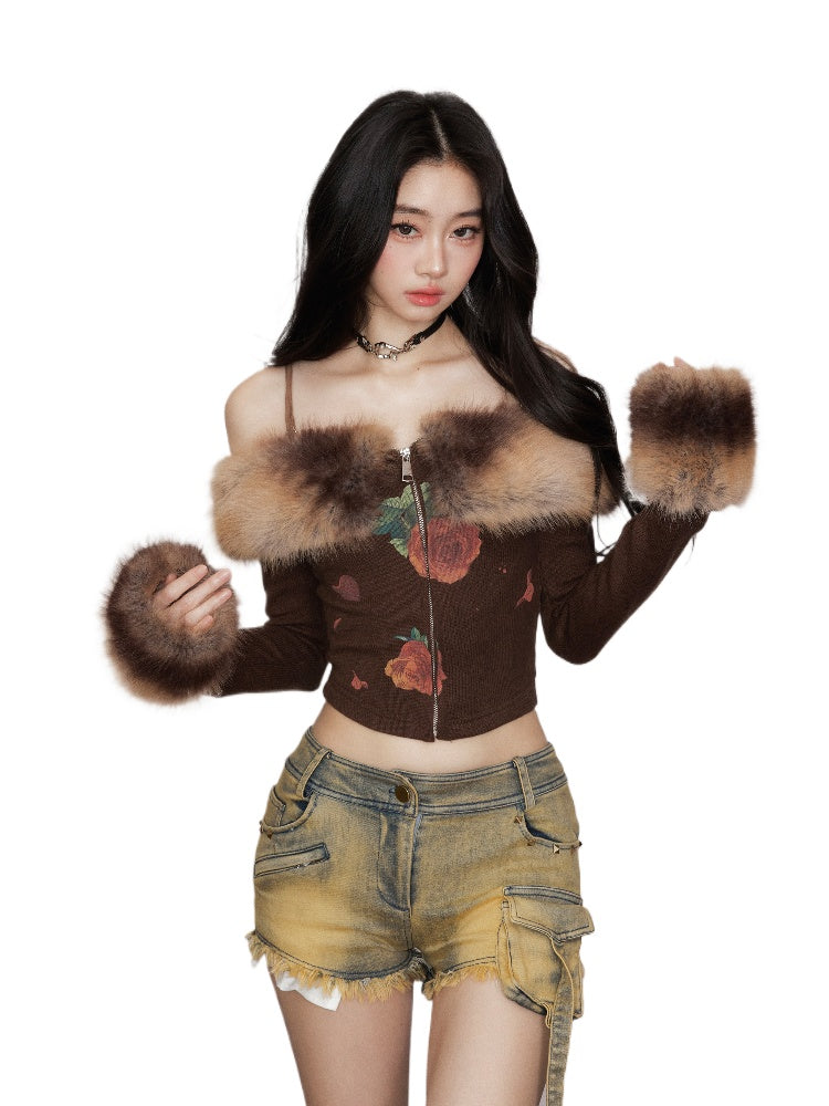 Faux Fur Gradient Knit Sweater with Fur Collar & Skirt Set