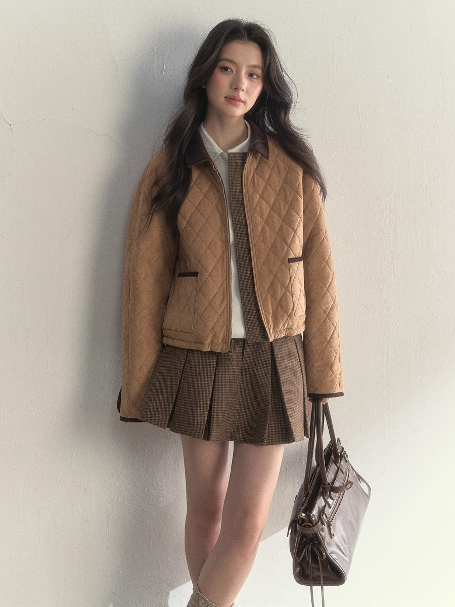 “Cerlue” Reversible Houndstooth Jacket & Pleated Skirt Set