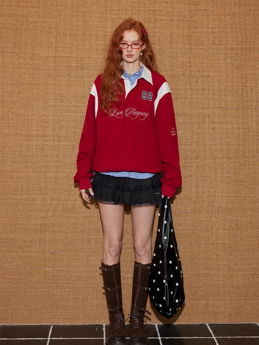 Contrast Collar Embroidered Drawstring Sweatshirt