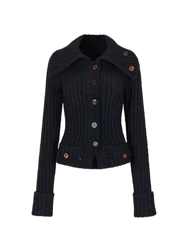 Buttoned Wool-Collar Knit Cardigan