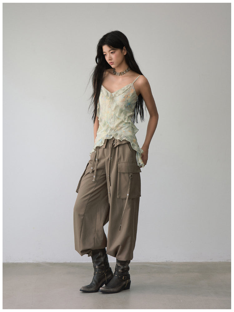 Folded Waist Three-Dimensional Pocket Casual Pants
