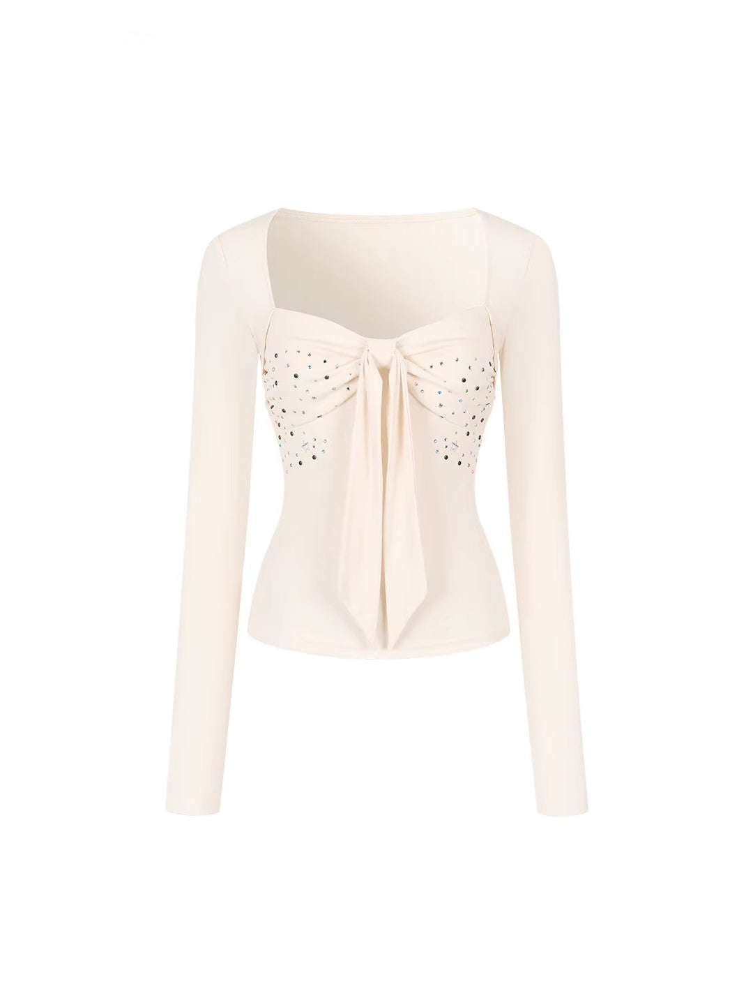 Bow Rhinestone U-neck Blouse