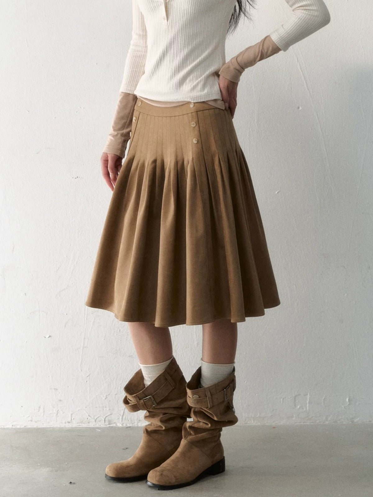 Side-Button Faux Suede Pleated Skirt