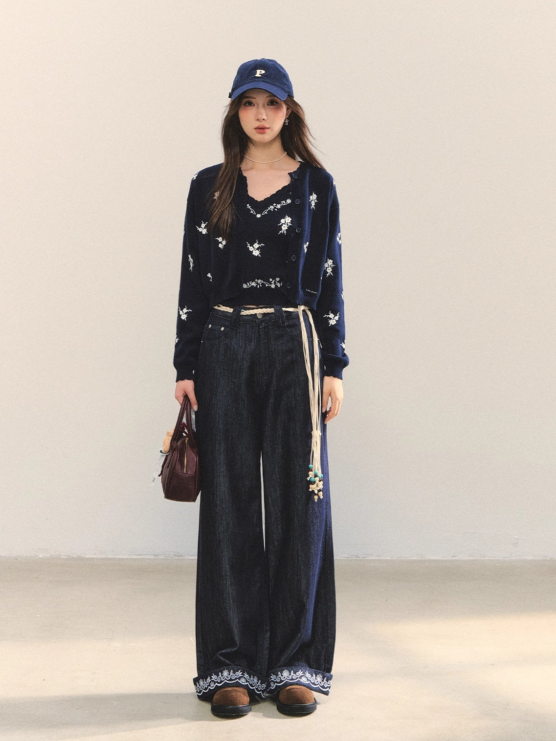 Navy Blue Boho Embroidered Belted Jeans