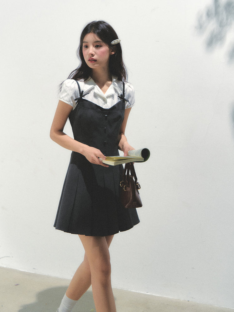 Academy Style Fake Two-piece Pleated Dress