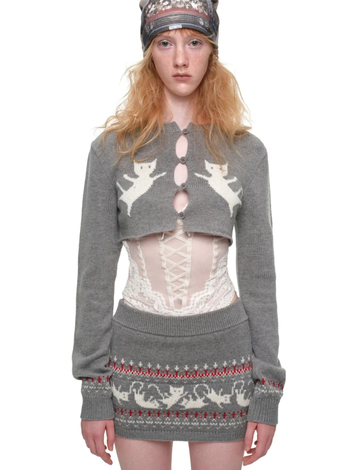 Fair Isle Jacquard Knit Cardigan & Skirt Set