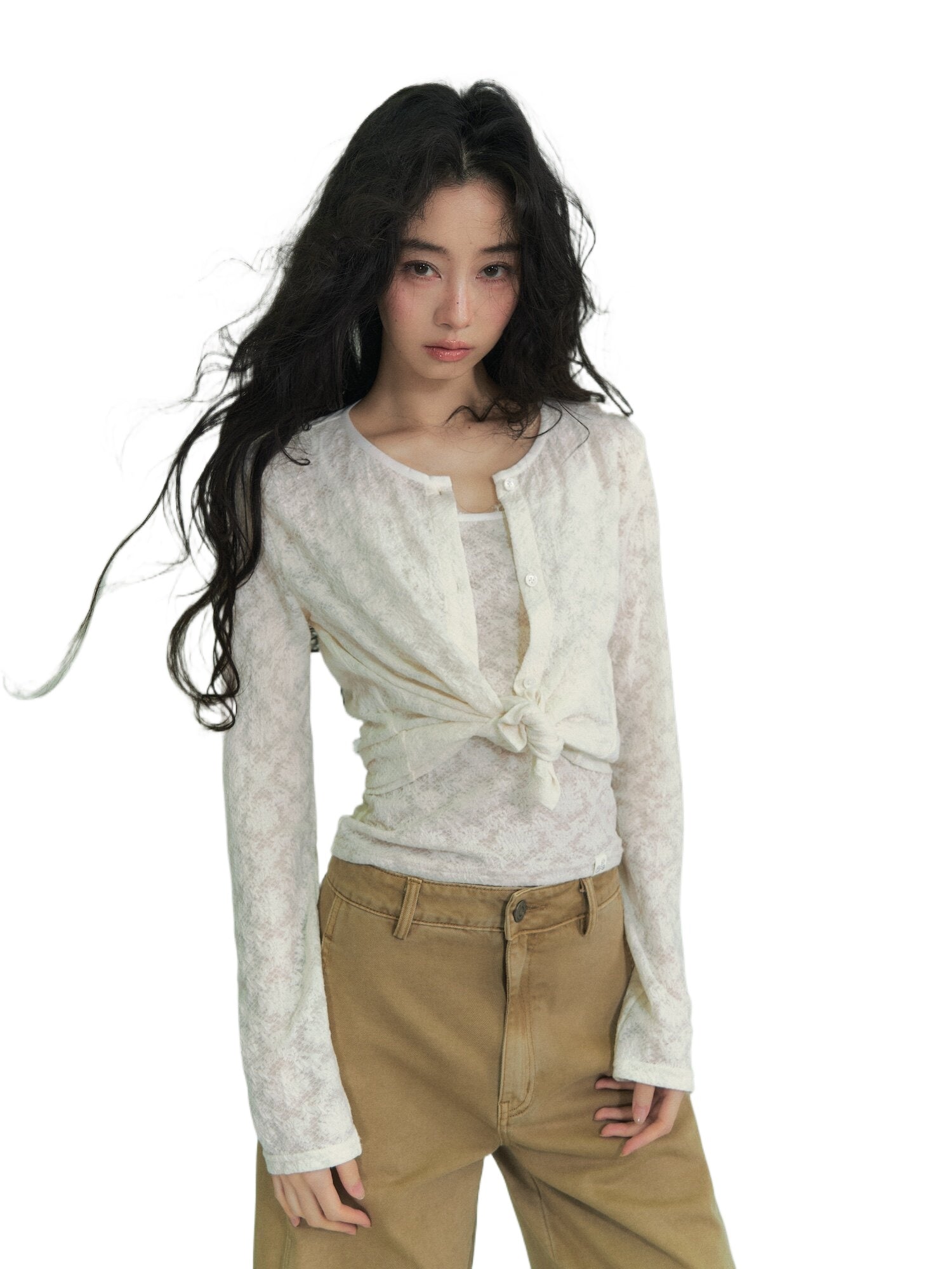 Lace Trim Stripe Cardigan Set