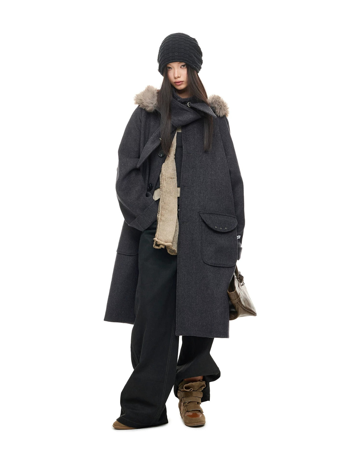 Hooded Wool Blend Long Coat