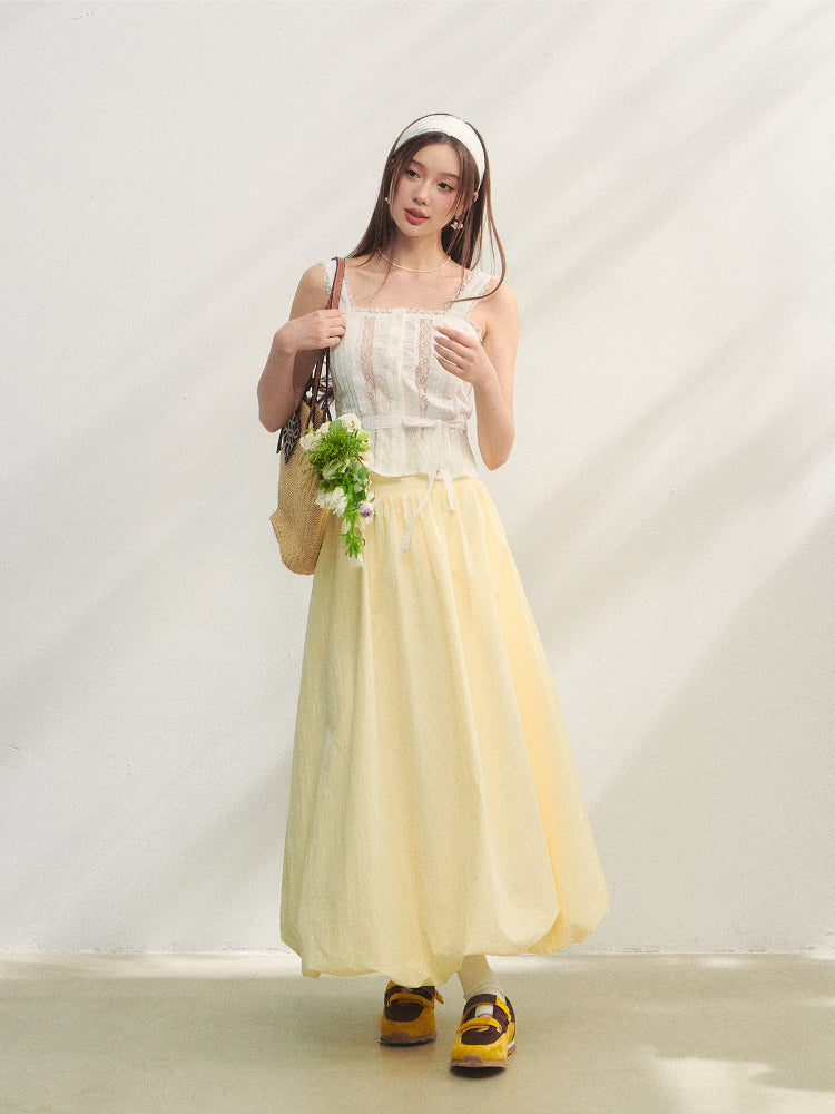 Hollow-out Lace-spliced Tie-up Vest