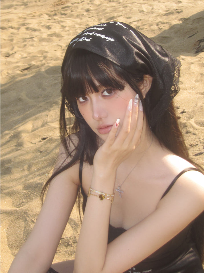 Lace-Trimmed Silk Feel Headband Triangle Scarf