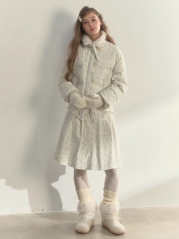 Floral Corduroy Down Jacket & Pleated Skirt