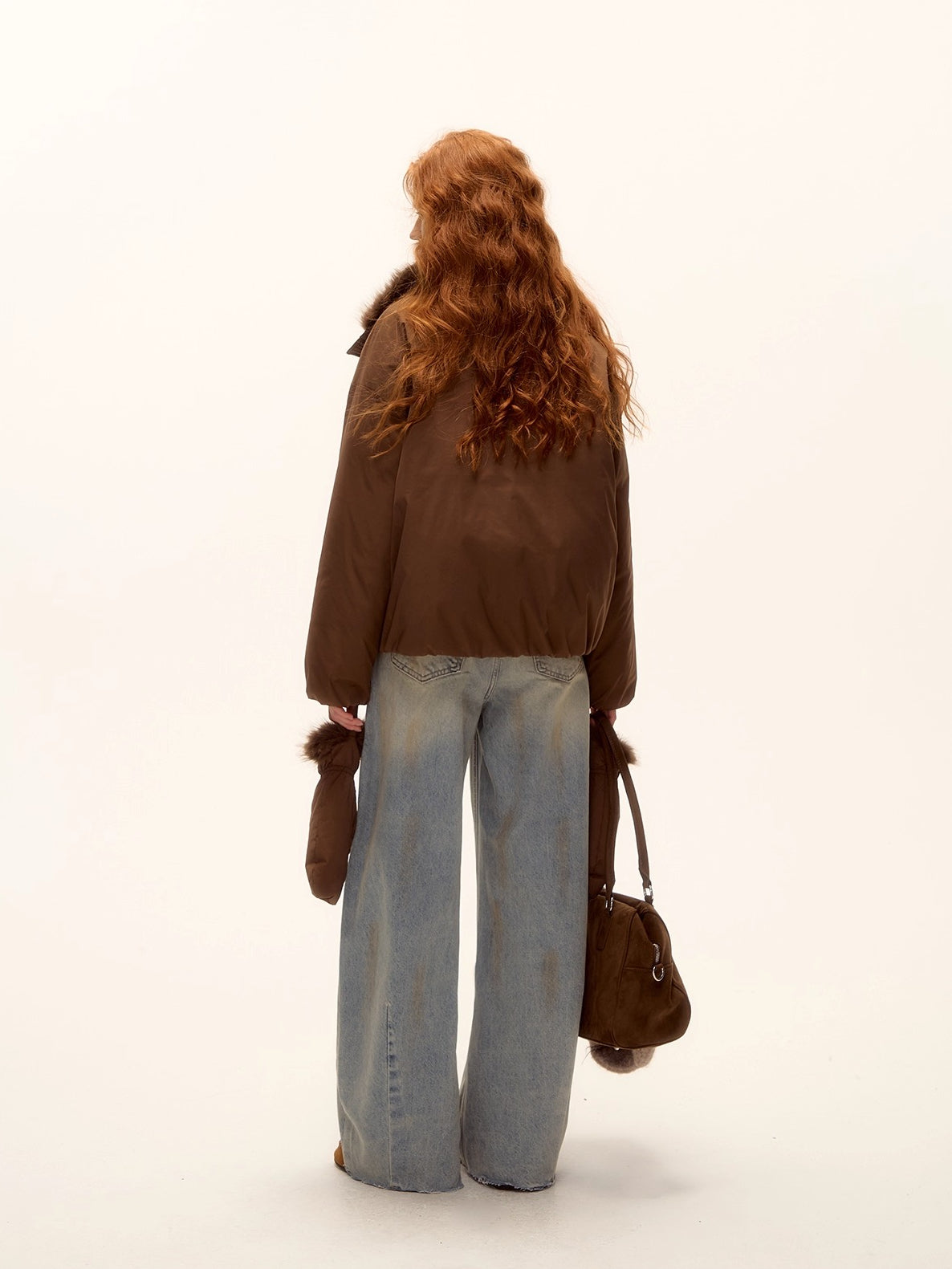 Detachable Fur Collar Short Down Jacket & Gloves Set