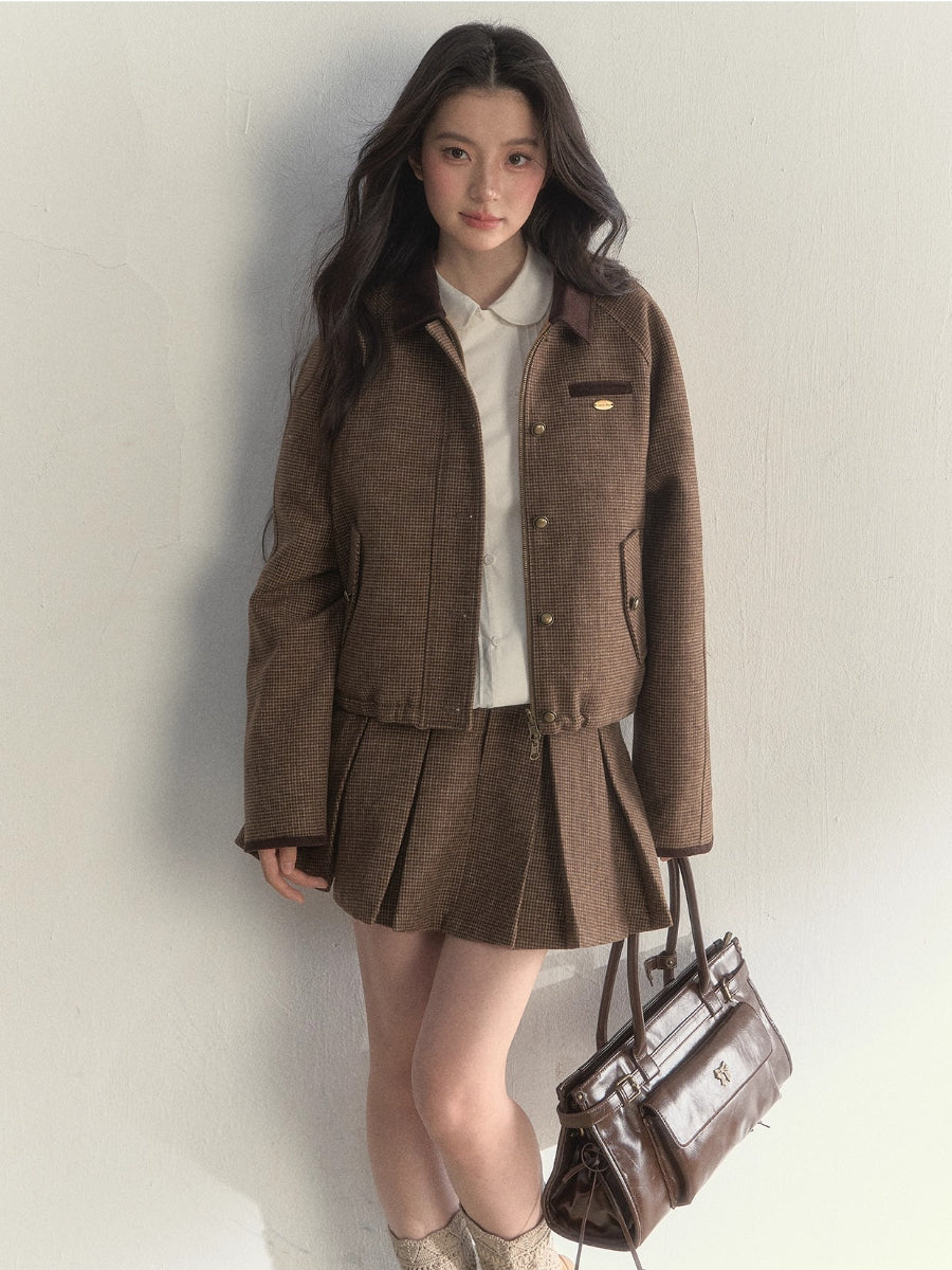 “Cerlue” Reversible Houndstooth Jacket & Pleated Skirt Set