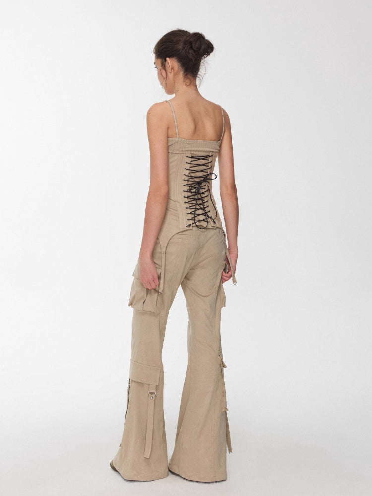 Suede Studded Cargo Flare Pants