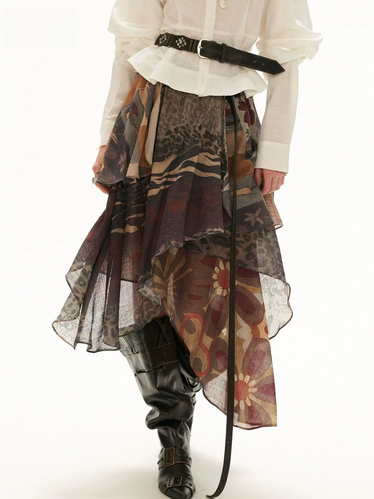 Layered Printed Ruffle Midi Skirt