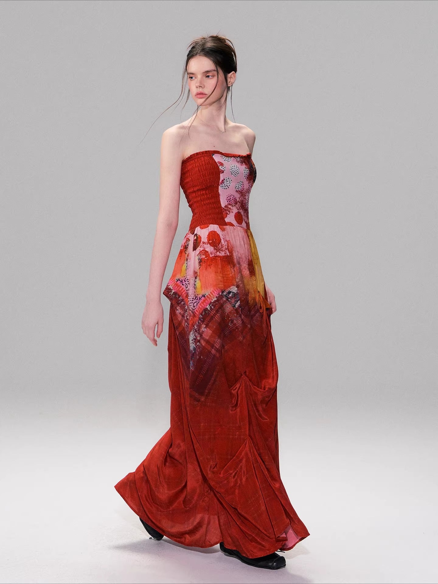 Vintage Red Print Strapless Dress