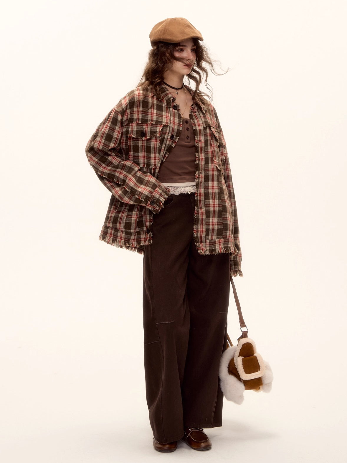 Checked Wool Blend Fringe Edge Shirt Jacket