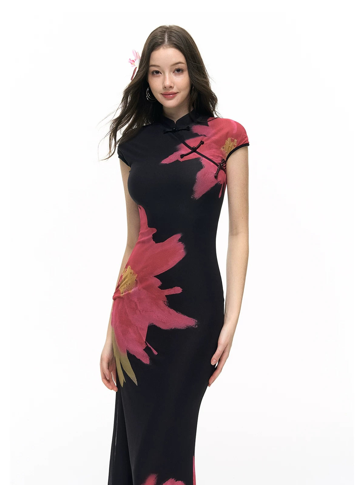Black Floral Qipao Dress