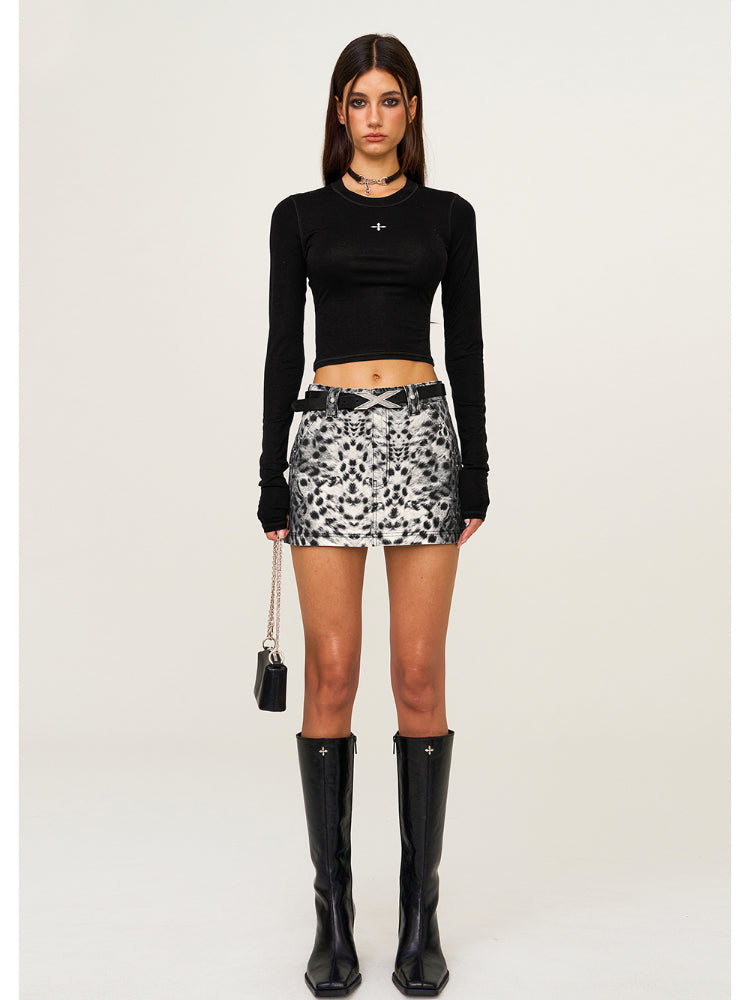 Leopard Print Mid - High Waist Rivet Midi Skirt