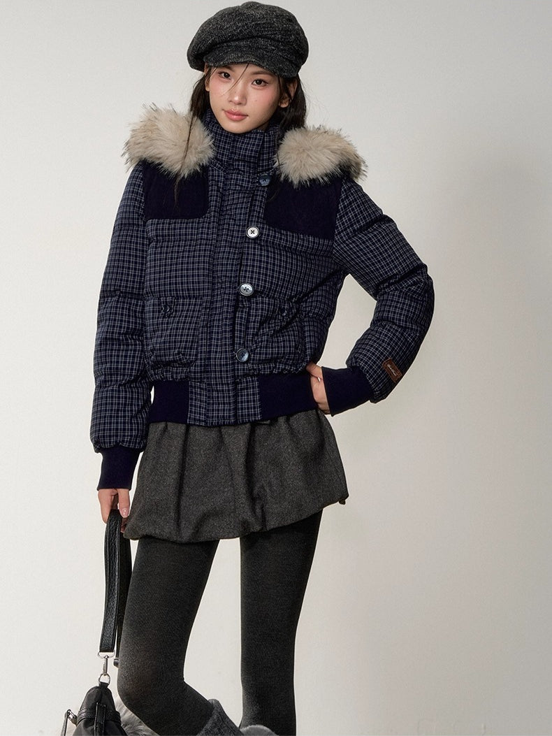 Faux Fur Collar Plaid Down Jacket