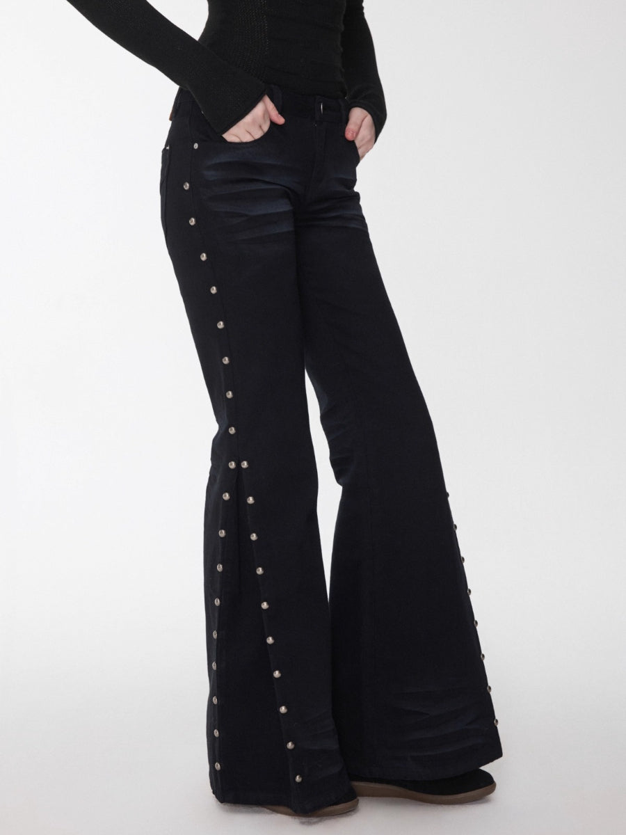 Studded Flared Denim Whisker Detailing Jeans