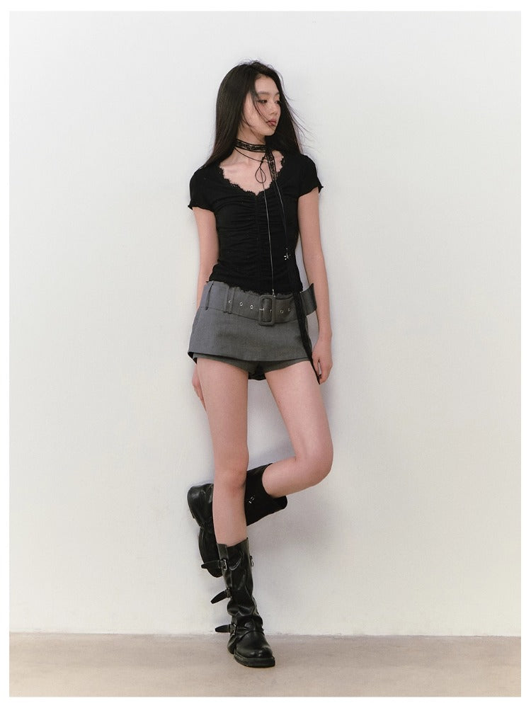 Acetate Lace Backless Beaded Short-sleeve T-shirt