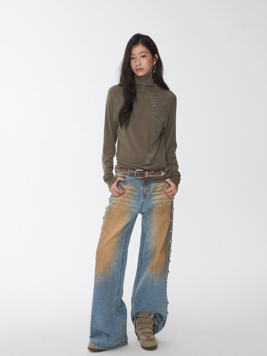 Mud-Dyed Washed Studded Straight-Leg Jeans