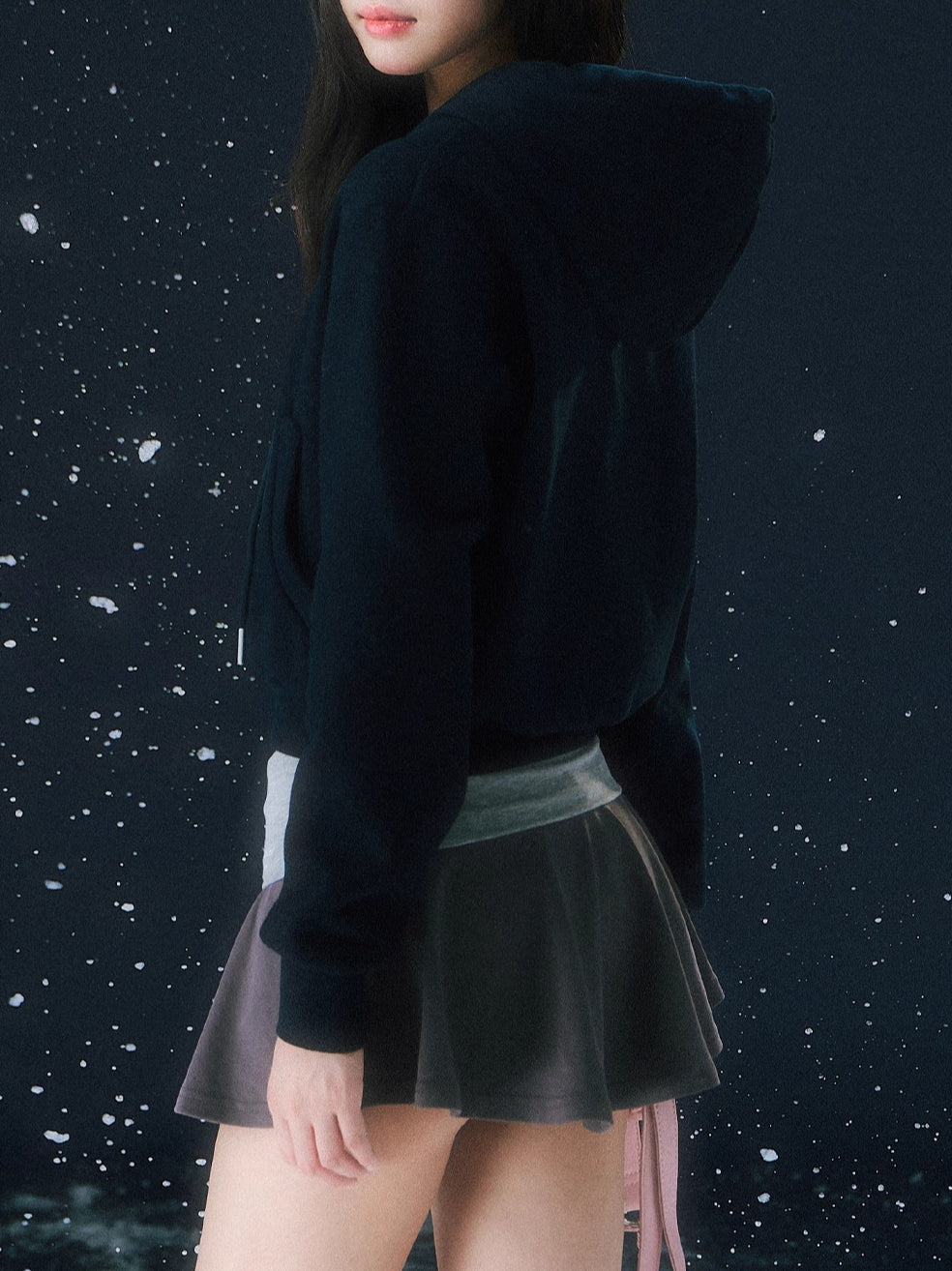 Navy Blue Retro Printed Cropped Hooded Sweatshirt