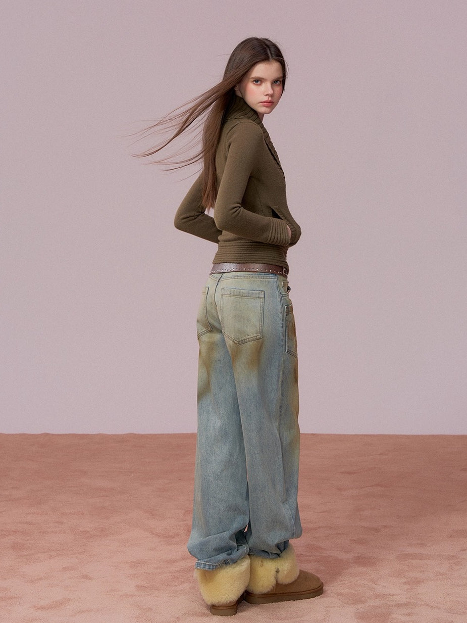 Washed Distressed Embroidered Denim Jeans