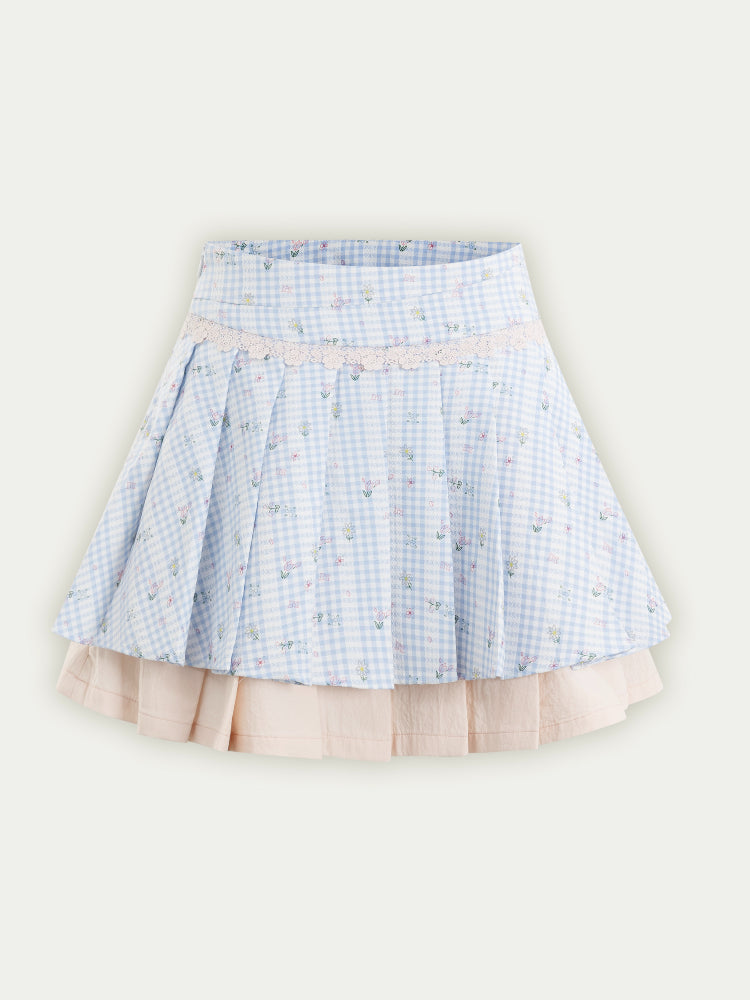 Blue Floral Contrast Check Shirt & Skirt Set