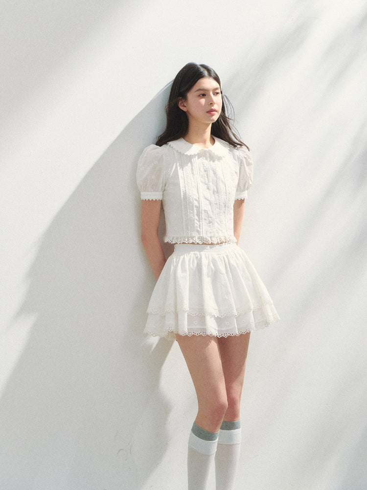 White Cotton Embroidered Shirt & Skirt Set