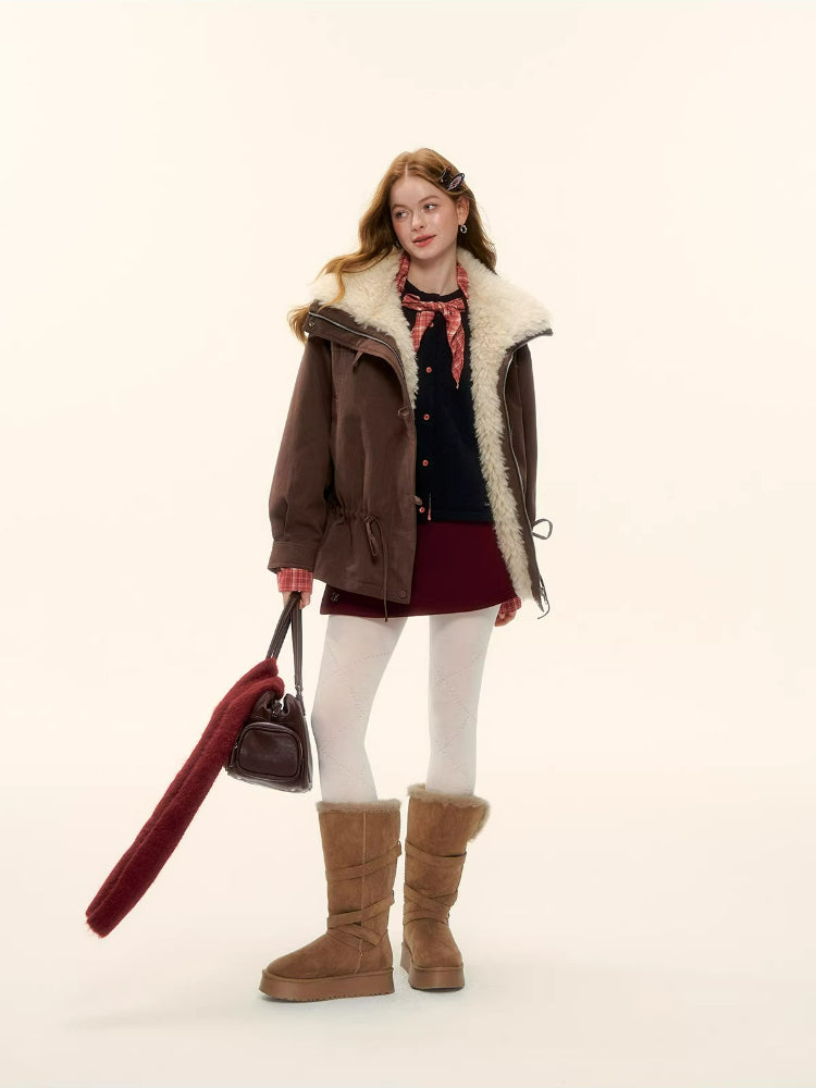Faux Fur Collar Drawstring Loose Down Parka