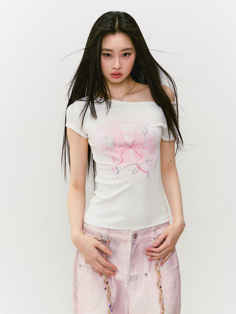 Printed Rhinestone Asymmetric Shoulder T-shirt