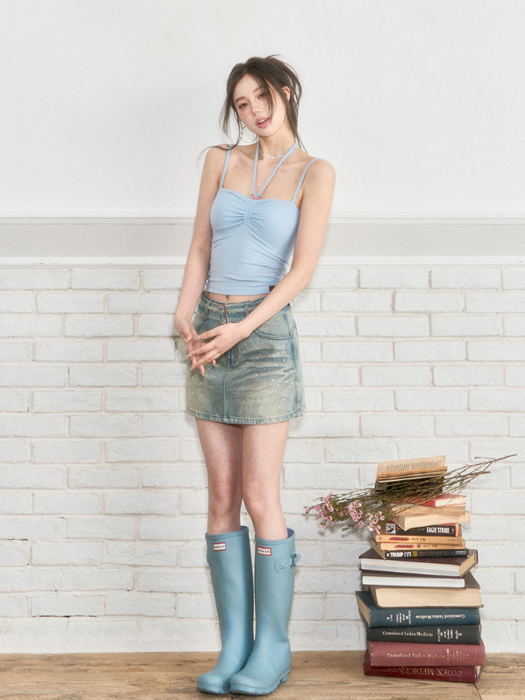 Belted Rhinestone Denim Skirt