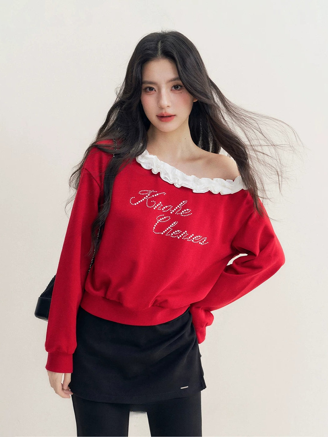 Red Pearl Ruffle Off-Shoulder Sweatshirt