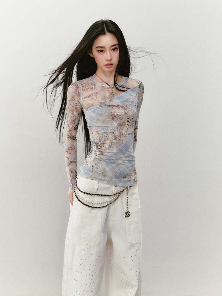 Printed Mesh Contrast-colored Long-sleeve T-shirt