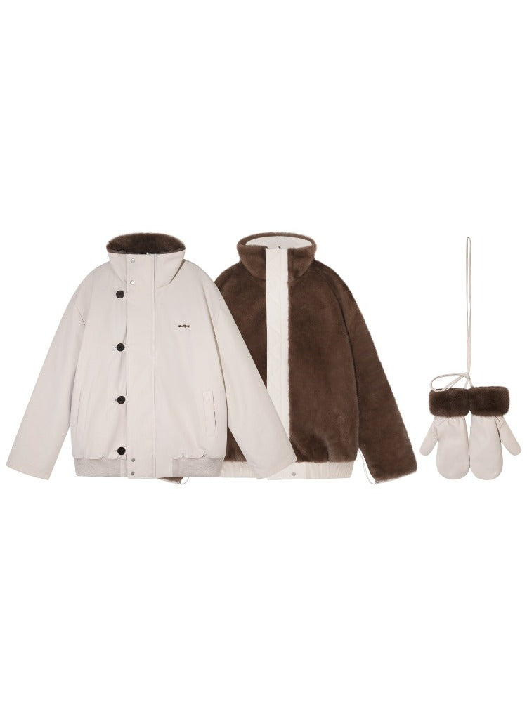 Beige Faux Mink Fur Jacket & Gloves Set