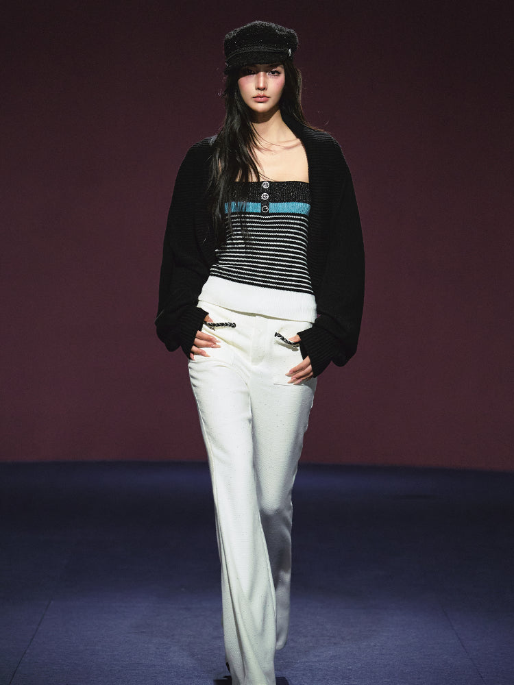 Colorblock Bustier Top & Relaxed Wool-Blend Knit Cardigan Set