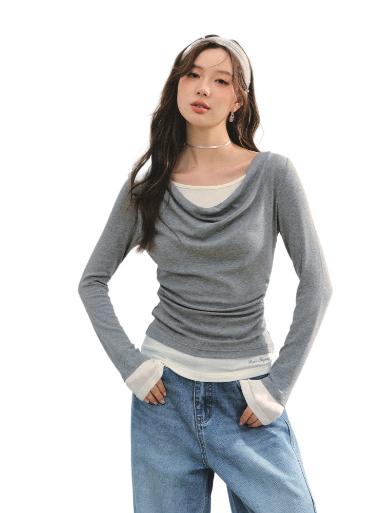 Dangle Collar Fake Two-Piece Color-Blocked Blouse