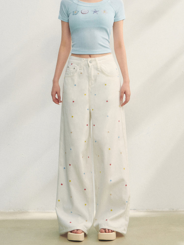 Colorful Floral Embroidered Straight-Leg Jeans