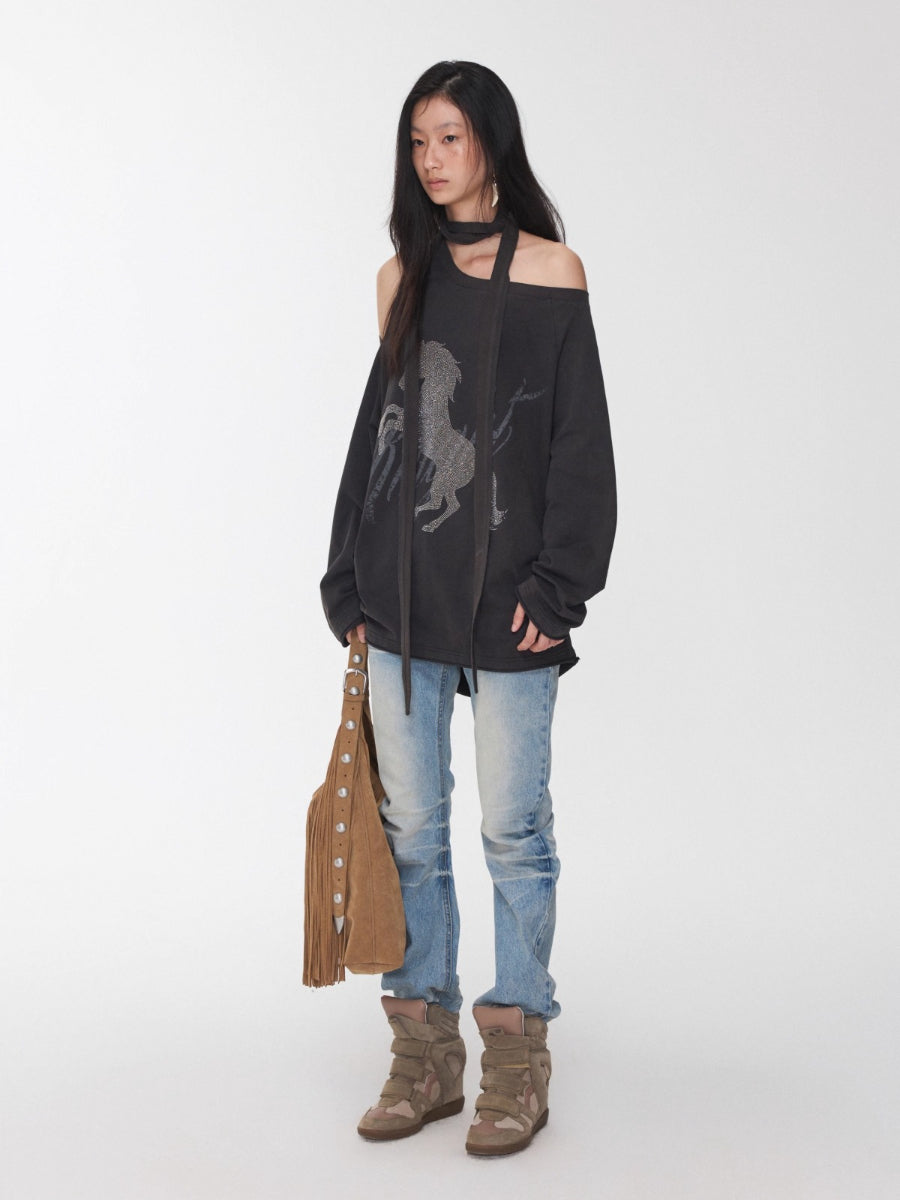 Vintage Pleated Washed Denim Curved Jeans