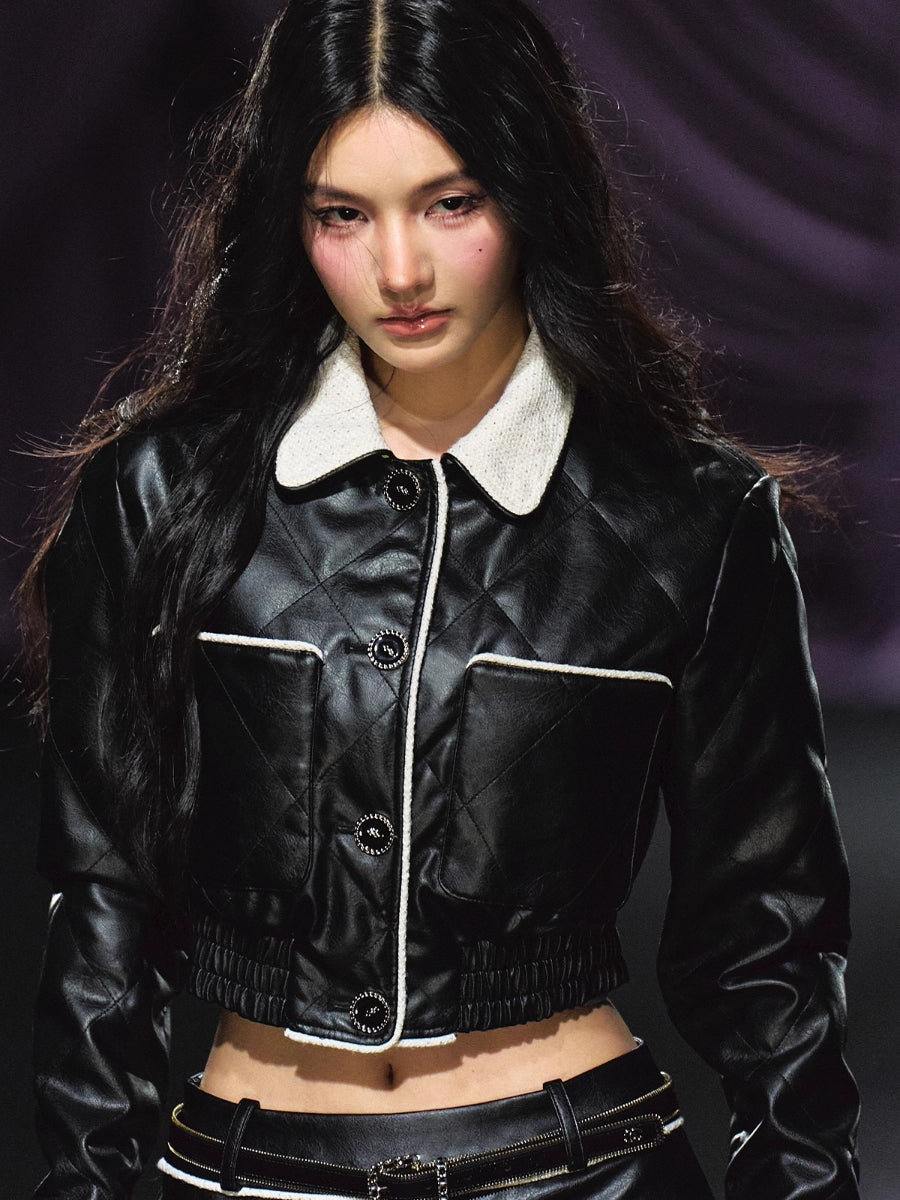 Contrast Trim Quilted Leather Jacket & Skirt Set